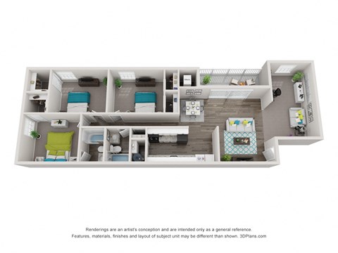 Floor plan for 3 beds, 2 baths, 1266 sqft